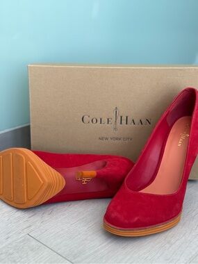 Cole Haan Red Suede Mid-Heel Pumps
